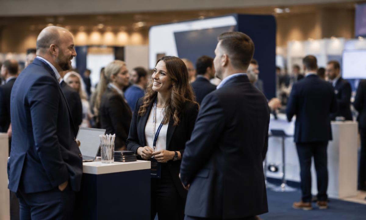 Attendees in conversation on a trade show exhibit floor