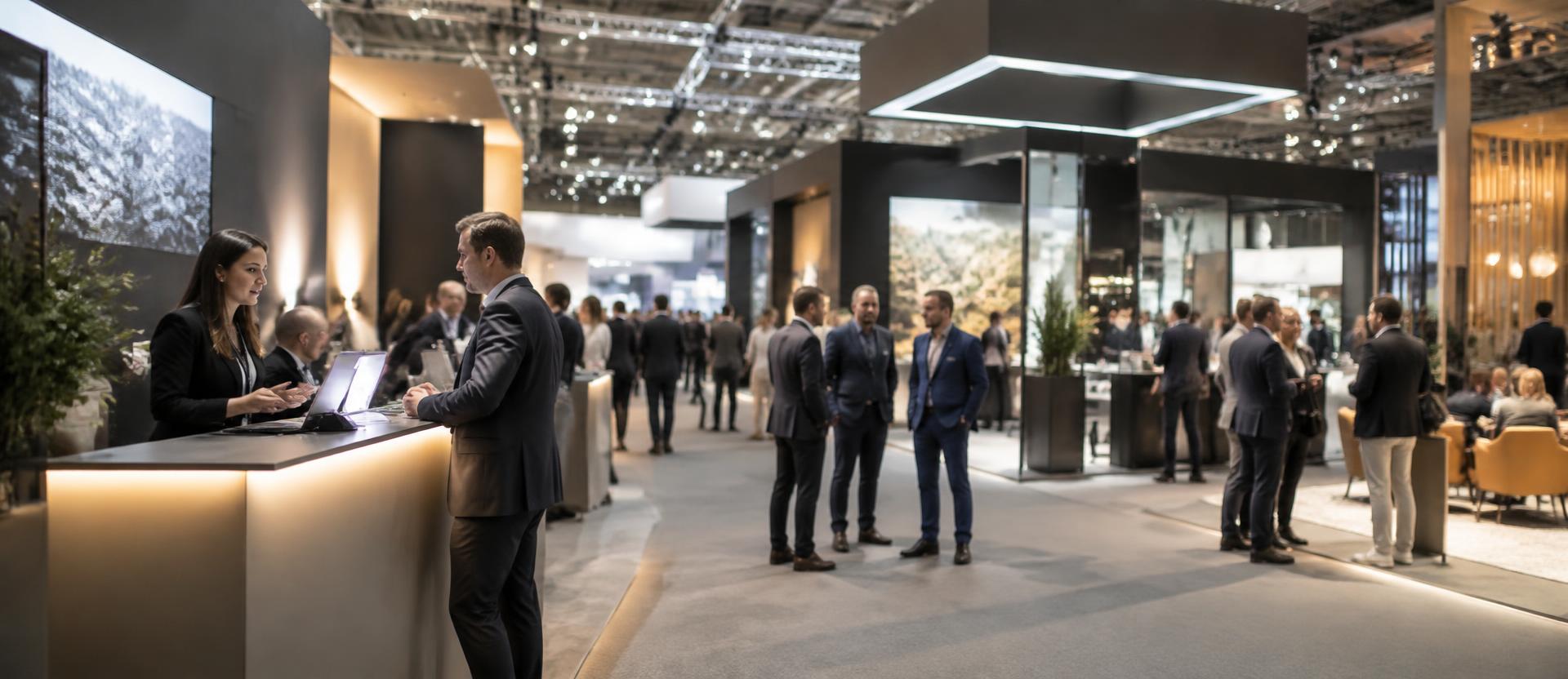Sponsors and attendees meeting on a modern exhibition floor